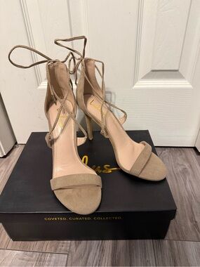 Lulu's Taupe Lace-Up Suede Stiletto Sandals